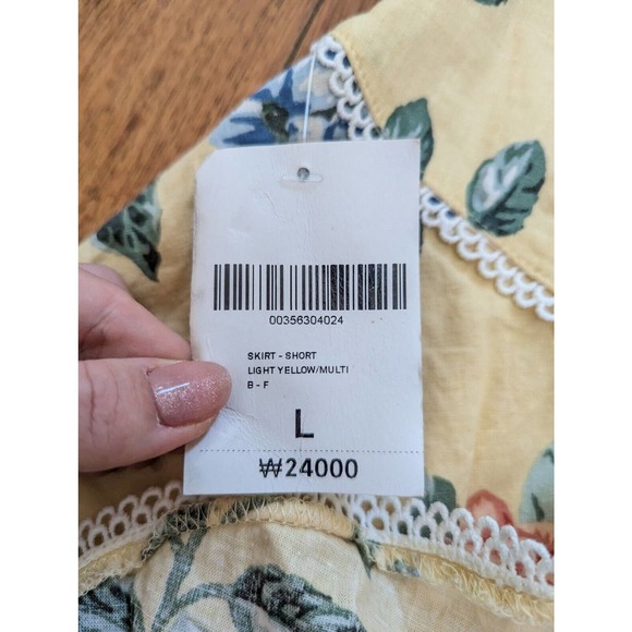 Forever 21 Linen Skirt Yellow Floral Crochet Cottagecore Flare Skater 90s Sz L - Picture 4 of 6